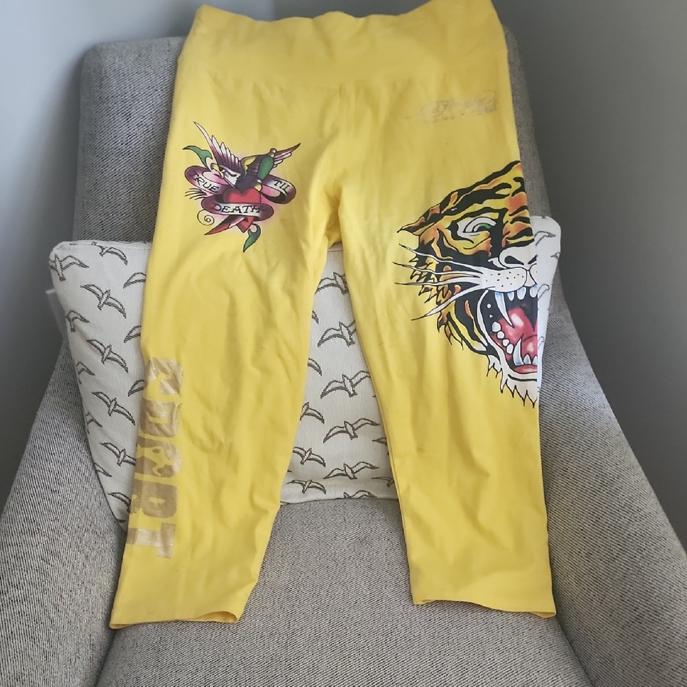 Vibrant Yellow, Ed Hardy Leggings with Tiger and Bird Design. Worn Once.